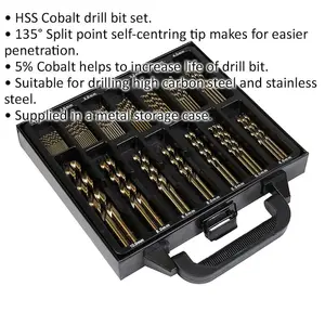 99 Piece HSS Cobalt Drill Bit Set with Split Point Self-Centering Tips for Precision Drilling