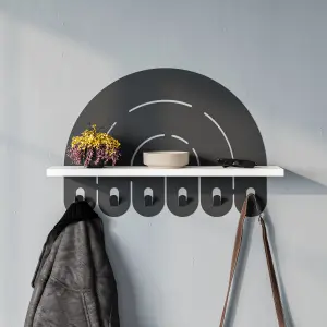 Decortie Modern Rainbow Metal Wall-Mounted White Coat Hanger Rainbow Shape with 6 Hooks and Shelf 60(W)x13.80(D)x39.7(H)cm