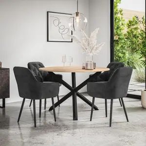 Malvern Round Dining Table And Chairs -  Oak Table Top w Solid Black Oak Legs + Anika Velvet Dining Chair Set Of 4 (Black)