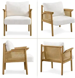 Accent Chair, Boucle Vanity Chair with Rattan Back&Arms Wood Armchair with Loose Back Pillow for Living Room Bedroom White