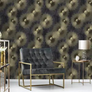 Erismann Elle Decoration Sun Graphic Metallic Spots Circles Wallpaper Black Gold 10191-15