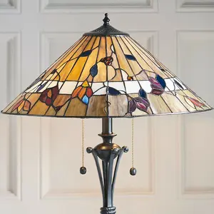 1.5m Tiffany Twin Floor Lamp Dark Bronze & Floral Stained Glass Shade i00004