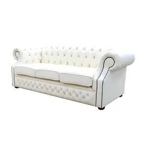 Chesterfield 3 Seater Sofa Shelly Cottonseed Cream Leather In Buckingham Style