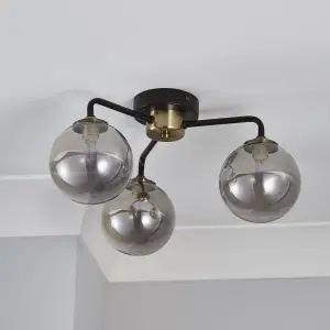 Inlight Agile Flush Matt Glass & metal Black Antique brass & smoked glass effect 3 Lamp LED Ceiling light