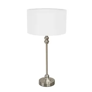 ValueLights Maggie Brushed Chrome Candlestick Table Lamp with White Fabric Drum Shade and LED Bulb