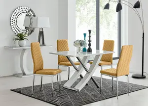 Furniturebox UK Mayfair 4 White High Gloss And Stainless Steel Dining Table And 4 Mustard Velvet Milan Chairs