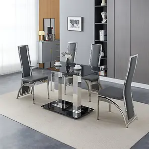 Furniture In Fashion Jet Small Black Glass Dining Table With 4 Chicago Grey Chairs