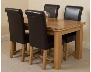 Richmond 140cm - 220cm Oak Extending Dining Table and 4 Chairs Dining Set with Washington Brown Leather Chairs