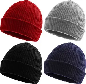 4 Pack Winter Beanie Knitted Hats For Men Women Soft Unisex Head Warmer Cuffed Beanie Knit Cap Ribbed Skull Cap