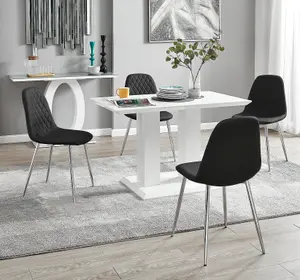 Furniturebox UK 4 Seater Dining Set - Imperia White High Gloss Dining Table and Chairs - 4 Black Corona Silver Chairs