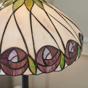 Tiffany Glass Table Lamp Light Dark Bronze & Mackintosh Red Rose Shade i00205