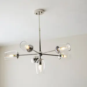 Luminosa Livorno Multi Arm Pendant Ceiling Light Bright Nickel Plate, Clear Glass