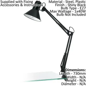 Table Desk Lamp Shiny Black Steel Moveable In Line Switch Bulb E27 1x40W