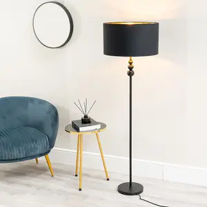 ValueLights Marissa Matt Black Stacked Ball Floor Lamp with Black/Gold Shade