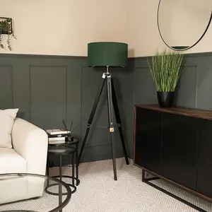 ValueLights Clipper Modern Black Wood and Silver Chrome Tripod Floor Lamp with Forest Green Drum Shade