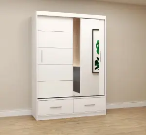 Florence Matt White Mirrored Sliding Door Wardrobe 1500mm H2350mm D600mm - Elegant Storage Solution - Two Drawers and Six Shelves