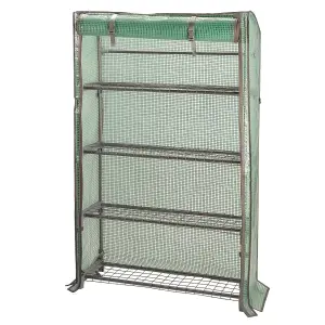 4 Tier Compact GroZone Mini Greenhouse - Growhouse with Steel Frame, PE Cover, Front Zip Up Panel & 4 Shelves - H130 x W80 x D30cm