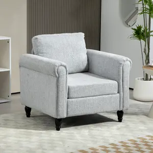 HOMCOM Vintage Armchair Fabric Accent Chair with Wood Legs Light Grey