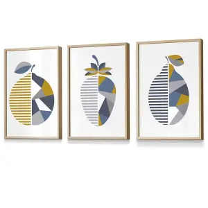 Set of 3 Geometric Fruit Strawberry Blue Yellow Wall Art Prints / 30x42cm (A3) / Oak Frame