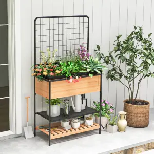 Costway Raised Garden Bed with Trellis Elevated Wood Planter Box W/ Grid Divider