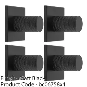 4 PACK - Knurled Cylinder Cabinet Door Knob & Matching Backplate - Matt Black 40 x 40mm