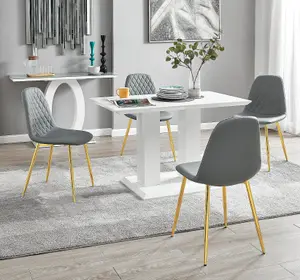 Furniturebox UK 4 Seater Dining Set - Imperia White High Gloss Dining Table and Chairs - 4 Elephant Grey Corona Gold Chairs