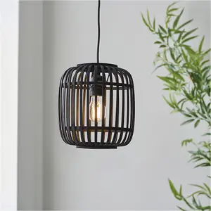 Hanging Ceiling Pendant Light - Dark Bamboo & Plywood With Matt Black Paint - 10W LED E27