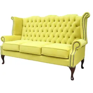 Chesterfield 3 Seater High Back Sofa Amalfi Buttercup Yellow Velvet Fabric In Queen Anne Style