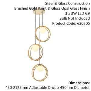 Gold Finish Ceiling Pendant Light - Gloss Opal Glass Shade - 3 Bulb Hanging Lamp