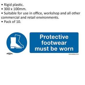 10 Pack of Mandatory Foot Protection Safety Signs - Rigid Plastic 300x100mm