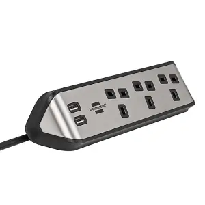 Brennenstuhl Estilo Corner Extension Lead With USB - Stainless Steel - Silver & Black