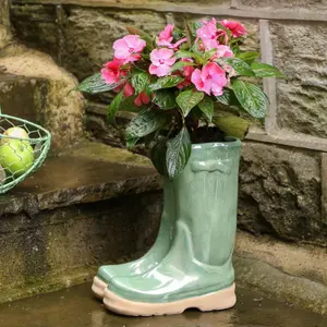 Sage Green Large Wellington Boot Planter Ceramic Indoor Outdoor Garden Flower Plant Pot