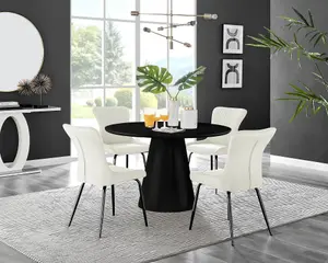 Furniturebox UK Palma Black Semi-Gloss Round Pedestal Dining Table & 4 Cream Velvet Nora Black Leg Chairs