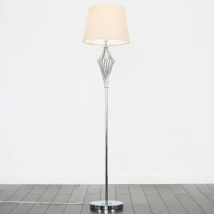 ValueLights Jaspa Chrome Metal Wire Geometric Diamond Design Floor Lamp with Beige Tapered Shade with 6w LED GLS Bulb