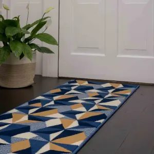 Navy Blue Diamond Geometric Living Room Runner Rug 60x240cm