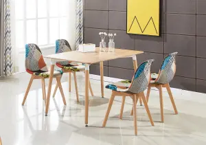 Patchwork Halo Dining Set Includes an Oak Dining Table & Set of 4 Multicolour Fabric Chairs