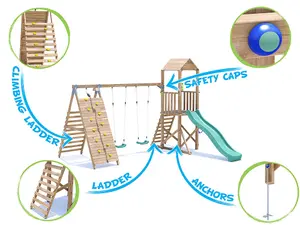 Dunster House Wooden Climbing Frame with Two Swings, Tall Climbing Wall & Slide BalconyFort Low Platform