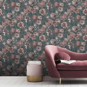 Rasch Oriental Floral Teal Floral Wallpaper 283050