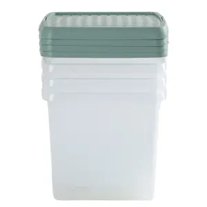 Wham Clip 4x 14L Square Plastic Storage Boxes with Secure Clip Lock Lids. L:29 x W:29 x H:26cm Clear/Green Milieu/Stone