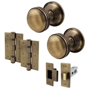 AFIT Lined Door Knob Set Antique Brass - 1 Pair of Mortice Knobs (55mm), Latch (76mm) & Hinges (76mm) for Internal Doors