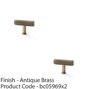 2 PACK - Reeded T Bar Cupboard Door Knob - 55mm x 38mm Antique Brass Lined Pull Handle