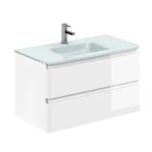 Marvel 900mm Wall Hung Bathroom Vanity Unit in Gloss White with White Glass Basin