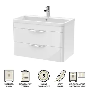 High Quality Wall Hung 2 Drawer Square Vanity Unit with Polymarble Basin - 800mm