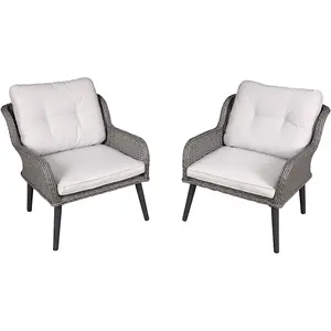 Set of 2 Grey Rattan Garden Dining Armchairs with Cushions for Outdoor Use