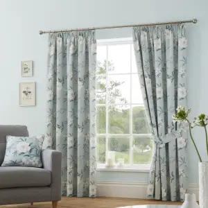 Eve 100% Cotton Floral Pair of Pencil Pleat Curtains With Tie-Backs