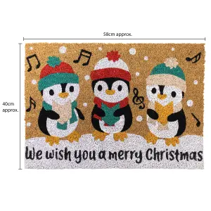 JVL Latex Christmas Coir Door Mats - 40 x 58cm - Penguins