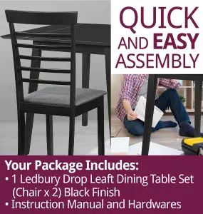 Hallowood Furniture Ledbury Drop Leaf Rectangular Table with 2 Chairs in Black Finish