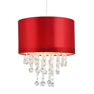 Modern Red Satin Fabric Pendant Light Shade with Transparent Acrylic Droplets