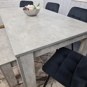 Grey Kitchen Dining Table, 4 Black Tufted Velvet Chairs and 1 Bench Dining Set (140x80x75)