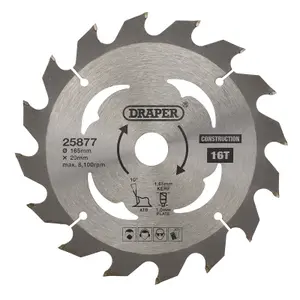 Draper  TCT Cordless Construction Circular Saw Blade for Wood & Composites, 165 x 20mm, 16T 25877